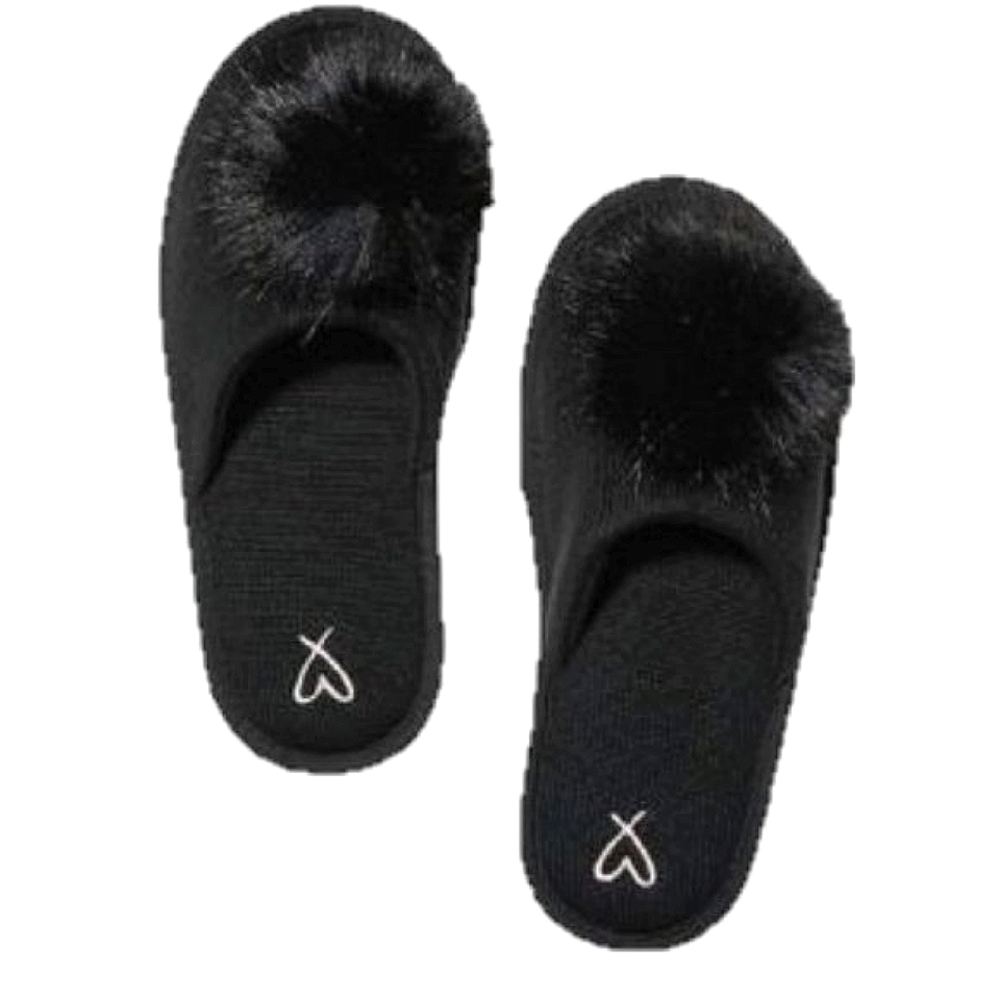 *NEW* VICTORIA'S SECRET Black Pom Pom Slip On Slippers Size Small (5-6)